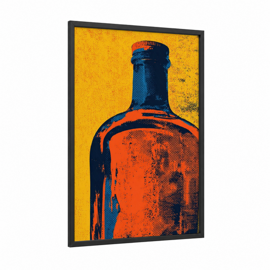 Bold Whiskey Bottle framed art print — black wood frame — gold and orange palette