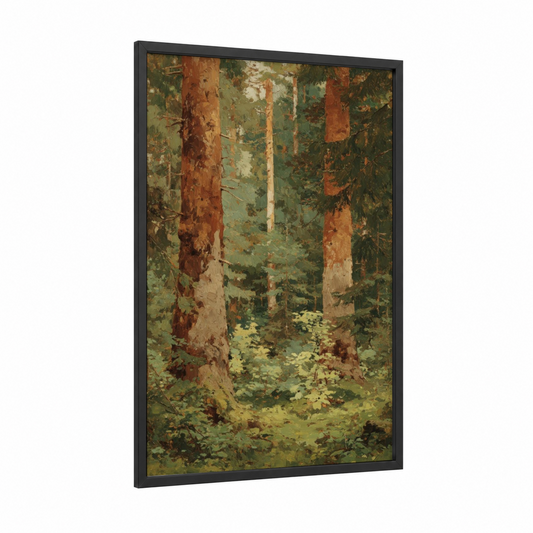 Cedar Forest Sanctuary framed art print — black wood frame — green and russet palette