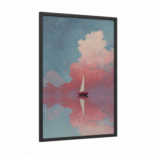 Starlit Sailboat framed sailing ship print — black wood frame — blue and pink palette