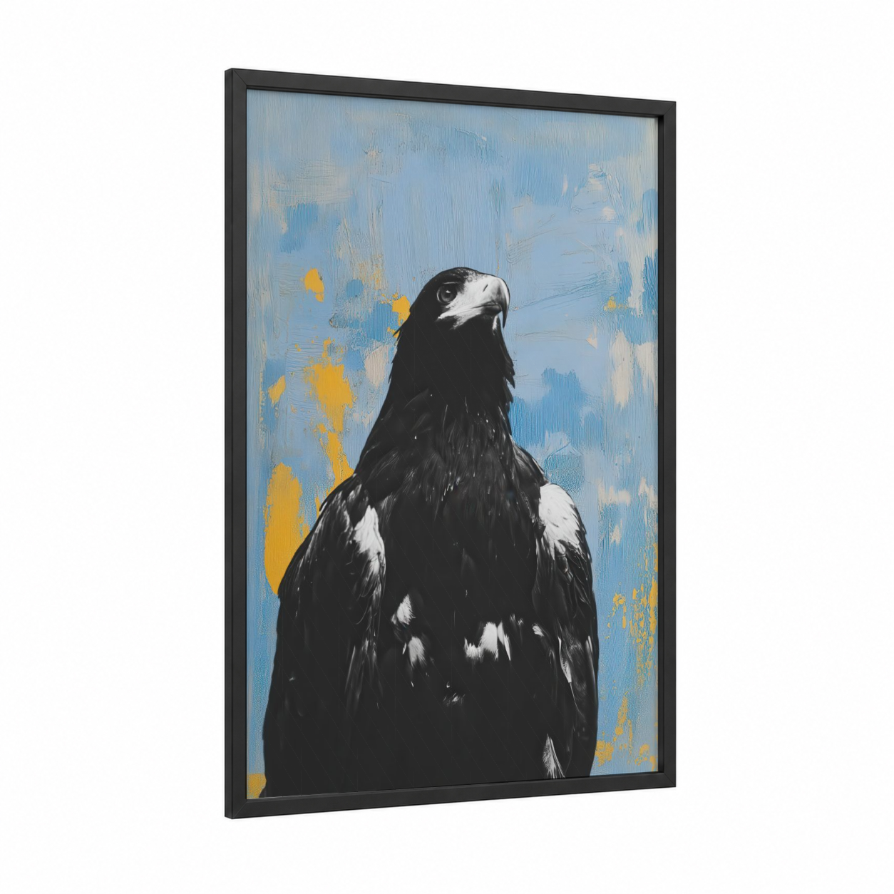 Majestic Eagle Portrait framed art print — black wood frame — blue and gold palette