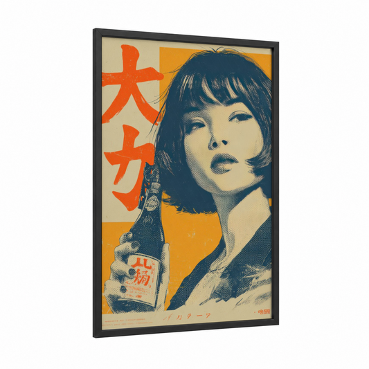 Vintage Japanese Advertisement framed vintage japanese ads print — black wood frame — dark blue and orange palette
