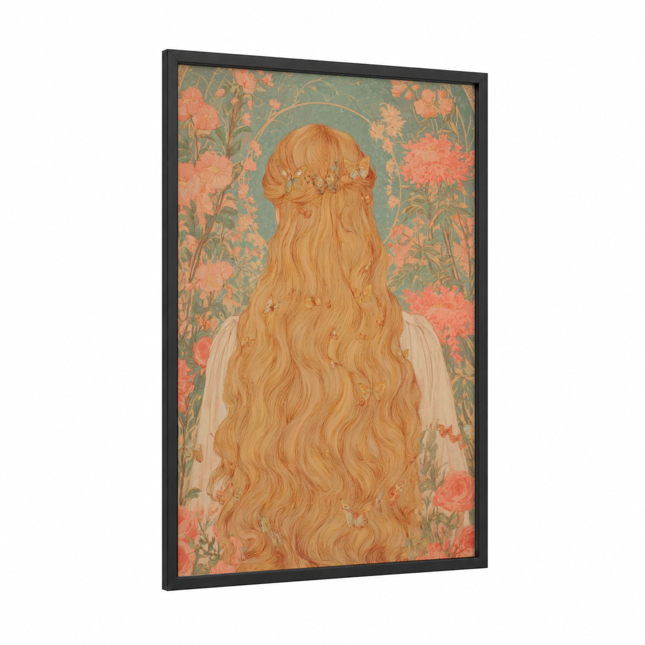 Golden Waves Hair framed art print — black wood frame — peach and sage green palette