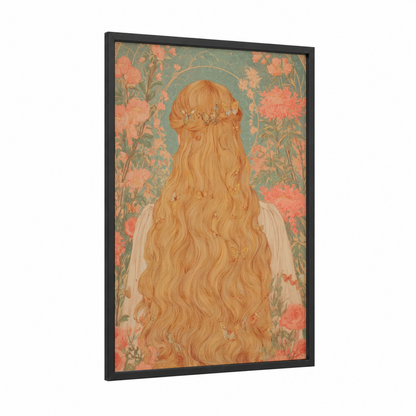 Golden Waves Hair framed art print — black wood frame — peach and sage green palette