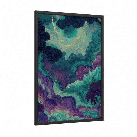 Twilight Aurora framed night sky print — black wood frame — teal and magenta palette