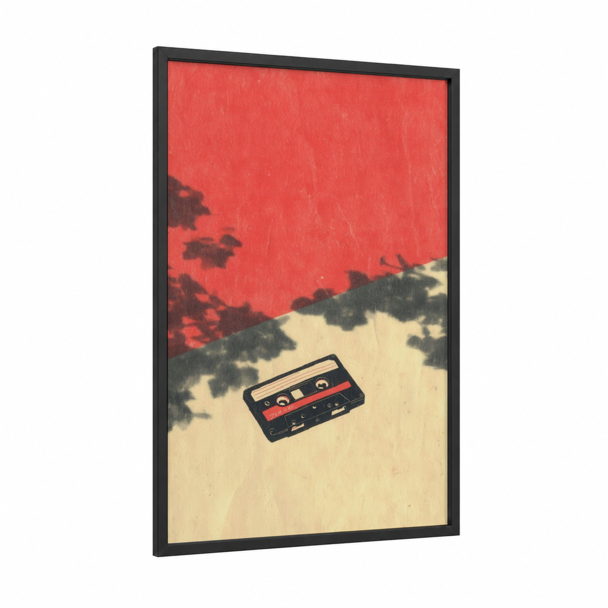 Retro Cassette framed casette print — black wood frame — red and cream palette