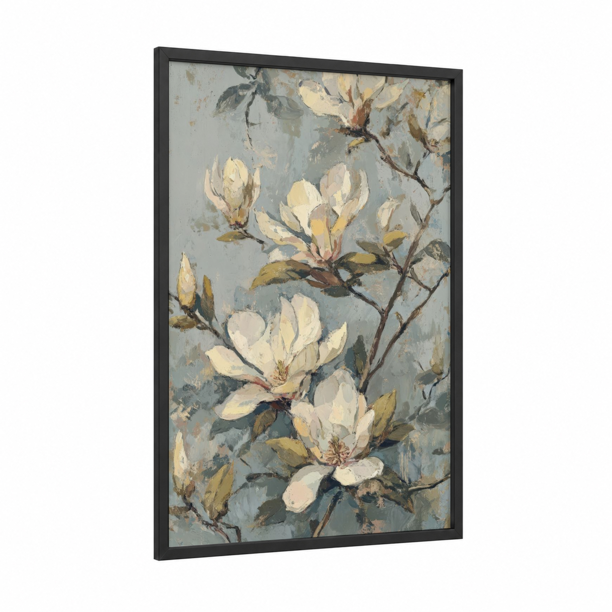 Creamy Magnolia Blossoms framed art print — black wood frame — cream and dove gray palette