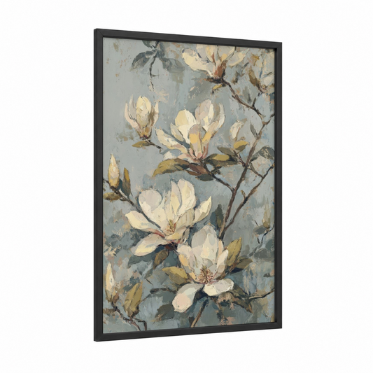 Creamy Magnolia Blossoms framed art print — black wood frame — cream and dove gray palette