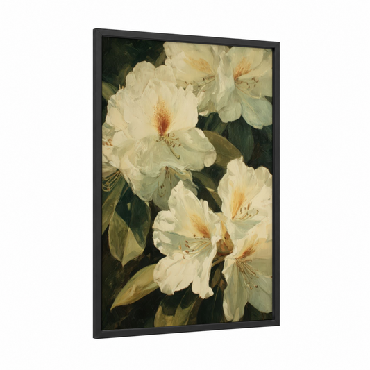Cream Rhododendron framed art print — black wood frame — cream and dark green palette