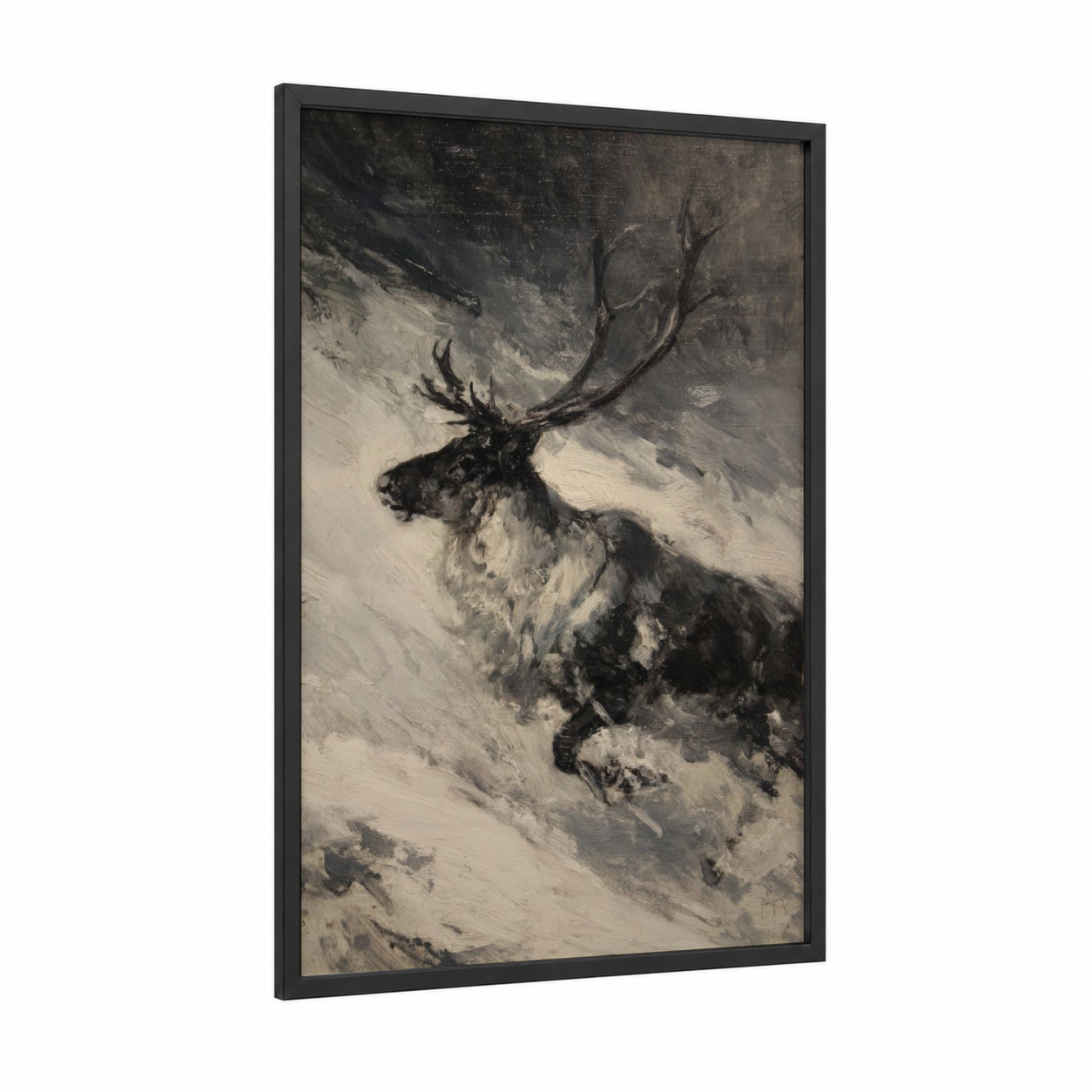 Snowy Reindeer framed art print — black wood frame — black and white and gray palette