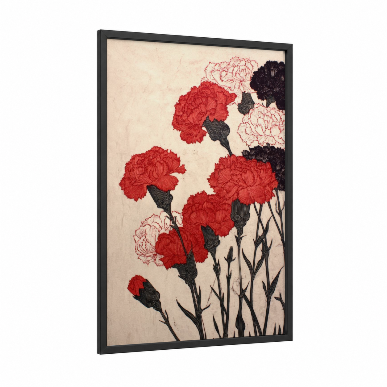 Crimson Carnation Bloom framed carnations print — black wood frame — red and black and white palette