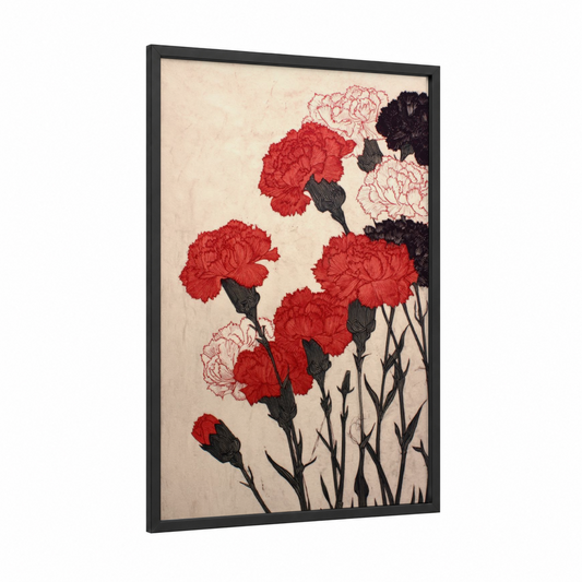 Crimson Carnation Bloom framed carnations print — black wood frame — red and black and white palette
