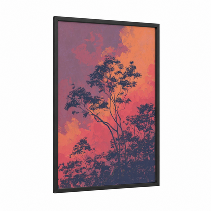 Sunset Arbutus framed arbutus tree print — black wood frame — orange and magenta palette