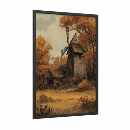 Autumn Windmill framed windmills print — black wood frame — gold and cream palette