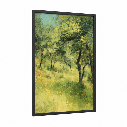 Golden Oak Forest framed art print — black wood frame — light green and yellow gold palette