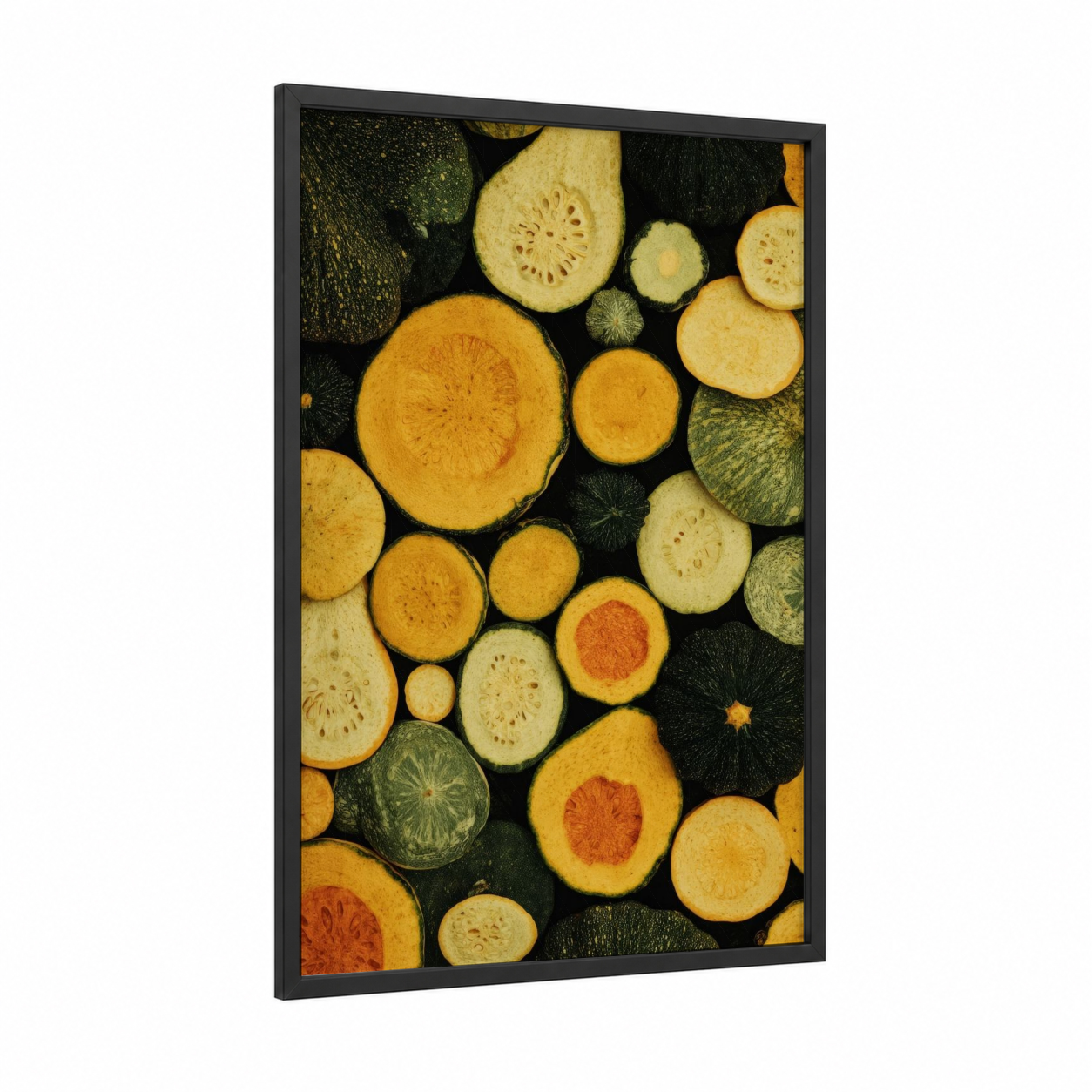Garden Harvest Mix framed fruit print — black wood frame — gold and dark green palette