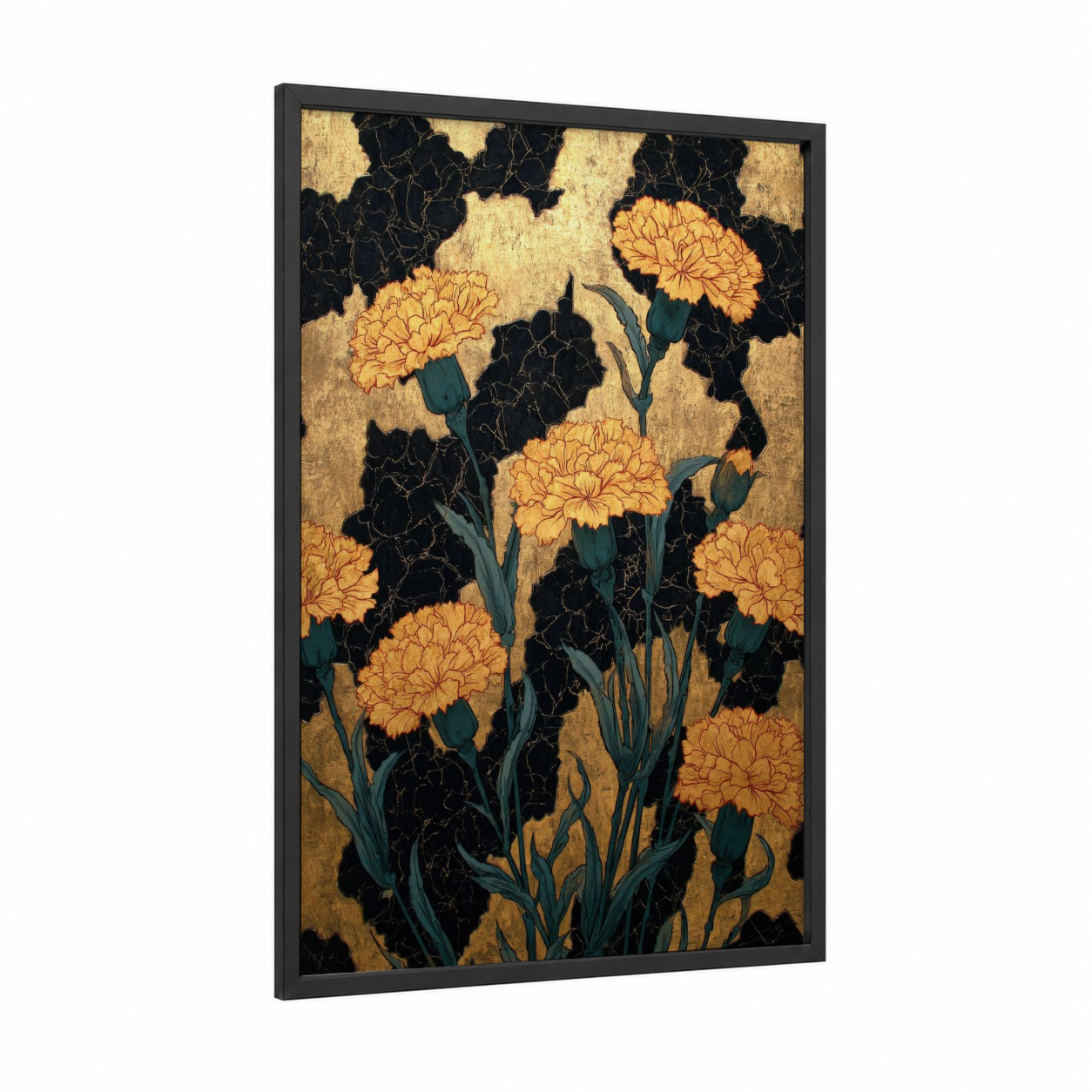 Golden Carnations framed art print — black wood frame — yellow gold and black and gold palette