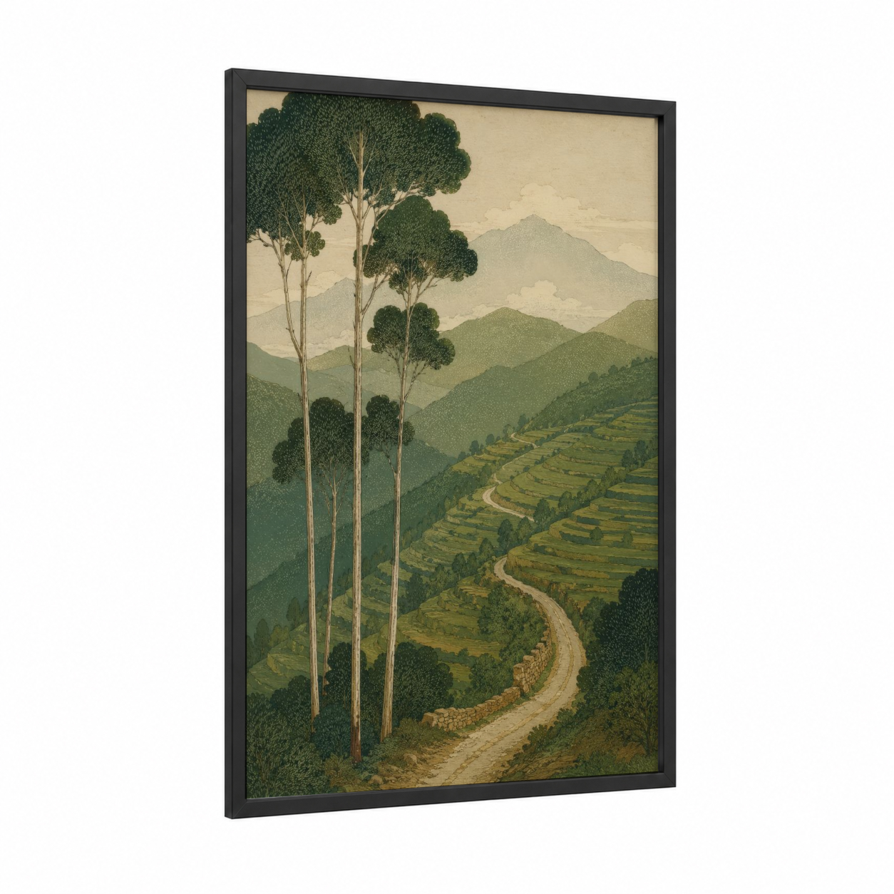 Mountain Eucalyptus Valley Landscape Wall Art framed art print — black wood frame — true green and beige palette