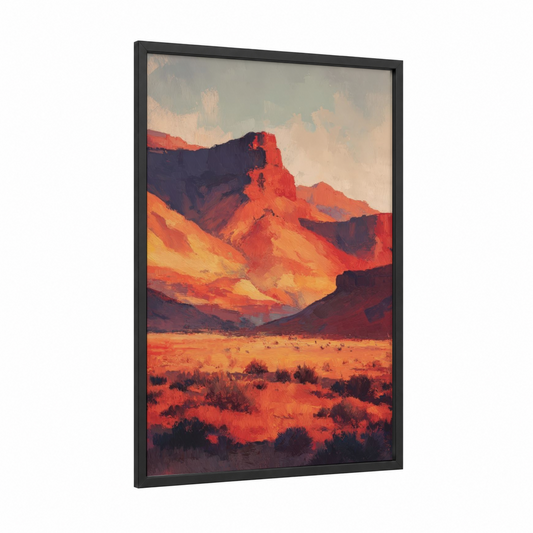 Crimson Dune framed art print — black wood frame — red and gold palette