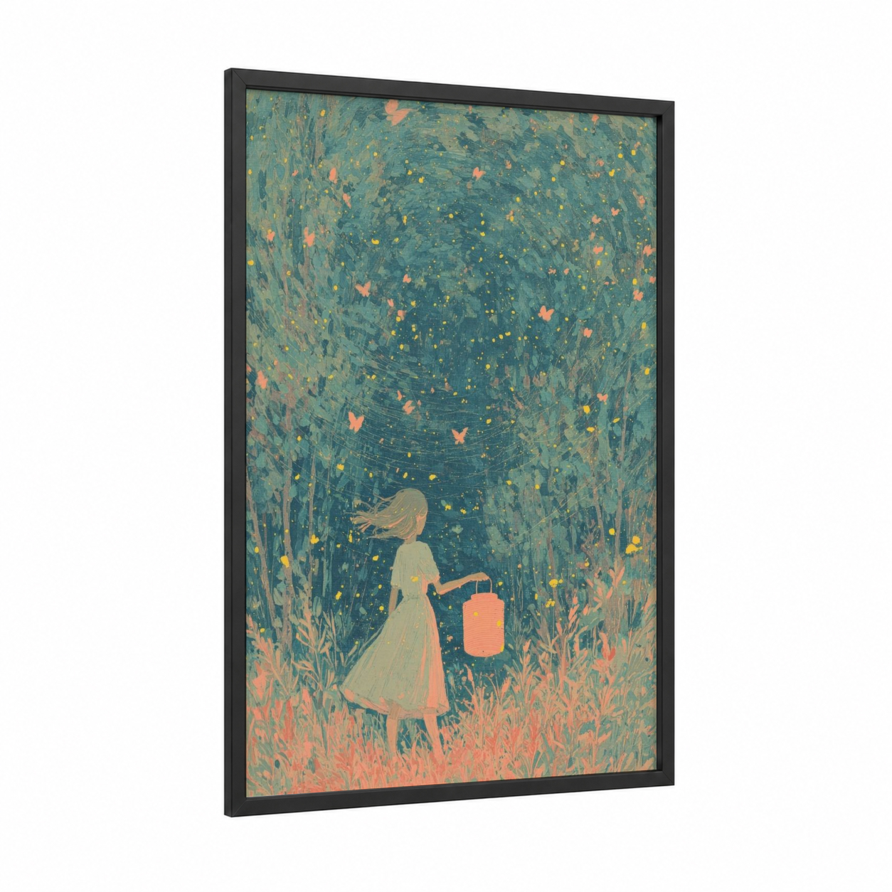 Magical Garden Girl framed art for girl print — black wood frame — teal and peach palette