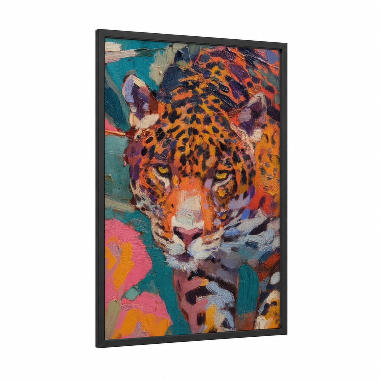 Vibrant Jaguar framed art print — black wood frame — orange and teal palette