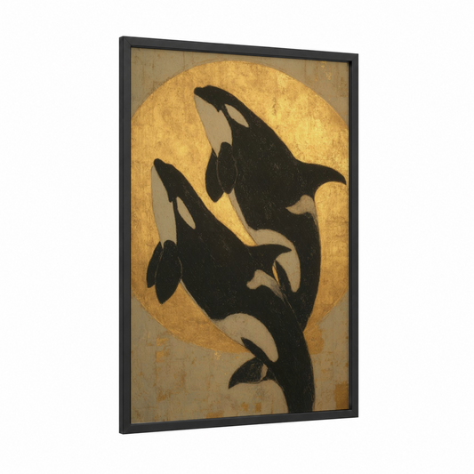 Golden Orca Pair framed orca whale print — black wood frame — gold and black palette