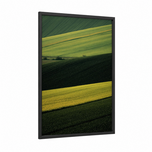 Rolling Green Stripes framed green field print — black wood frame — green and gold palette