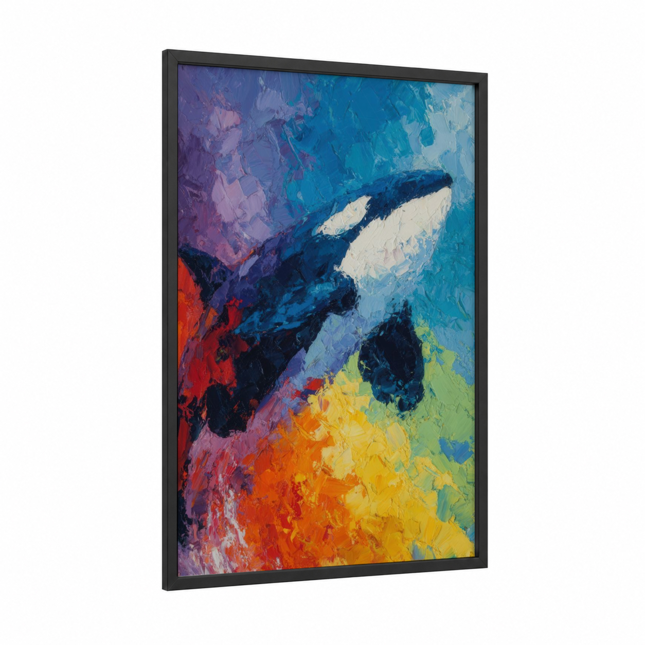 Colorful Orca framed orca whale print — black wood frame — blue and orange palette