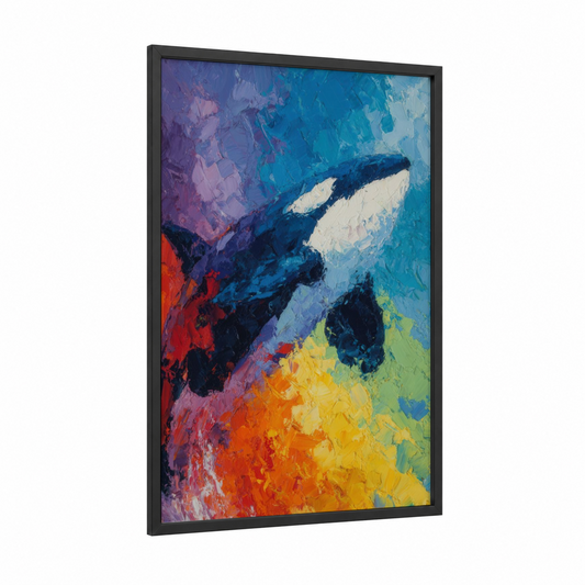 Colorful Orca framed orca whale print — black wood frame — blue and orange palette