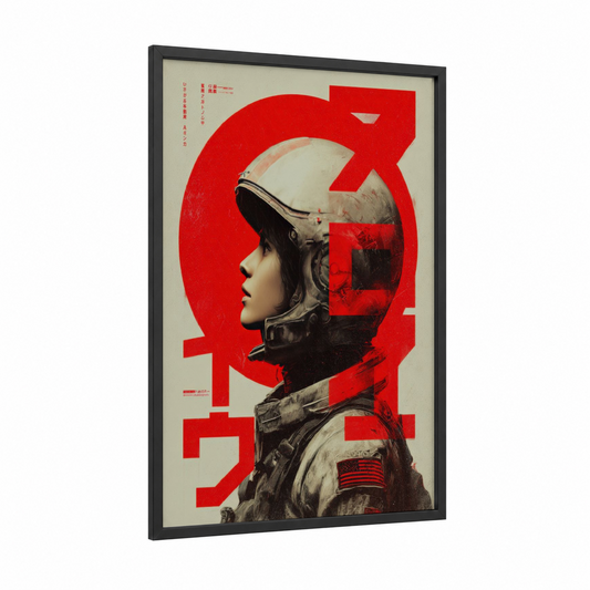 Cosmic Astronaut framed japanese retrofuturism print — black wood frame — red and cream palette