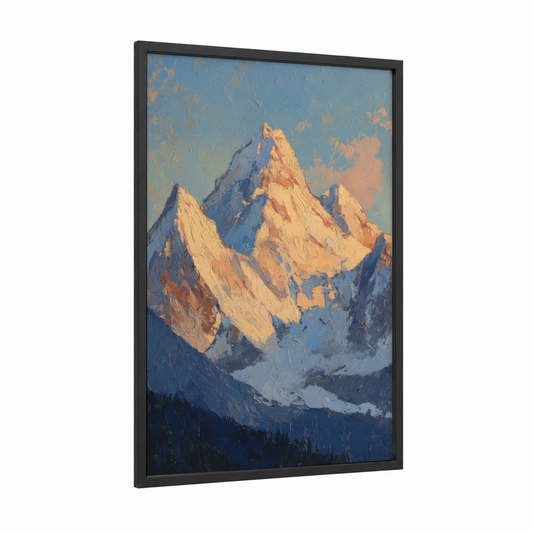 Alpine Sunrise framed mount everest print — black wood frame — gold and blue palette