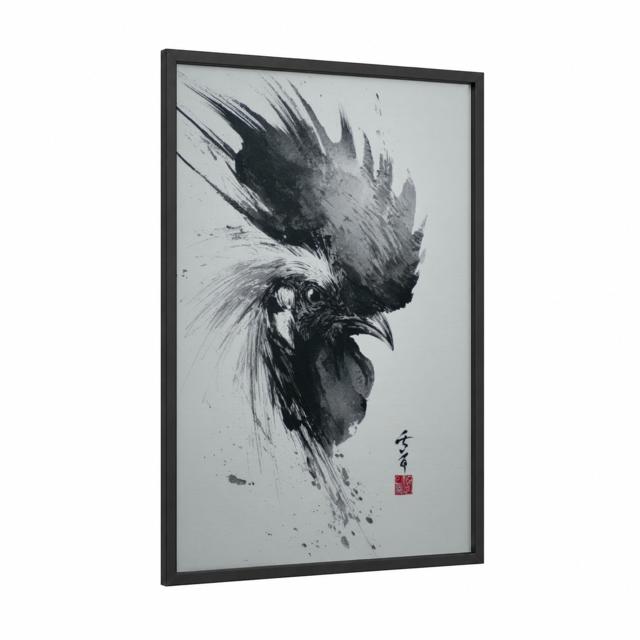 Mohawk Rooster framed chicken and roosters print — black wood frame — black and white palette