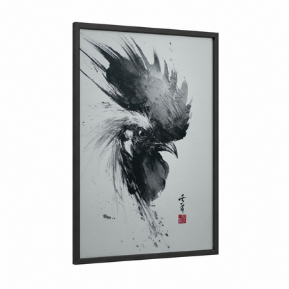 Mohawk Rooster framed chicken and roosters print — black wood frame — black and white palette