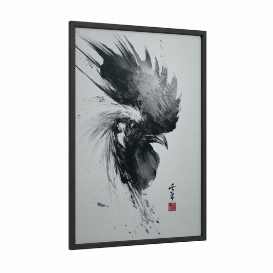 Mohawk Rooster framed chicken and roosters print — black wood frame — black and white palette