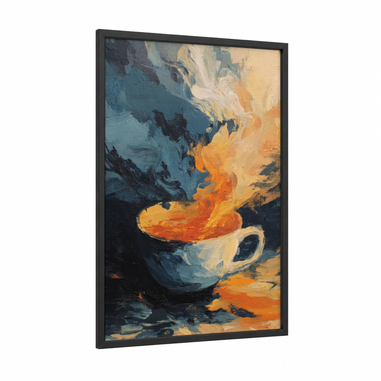 Fiery Tea Moment framed art print — black wood frame — blue and gold and orange palette