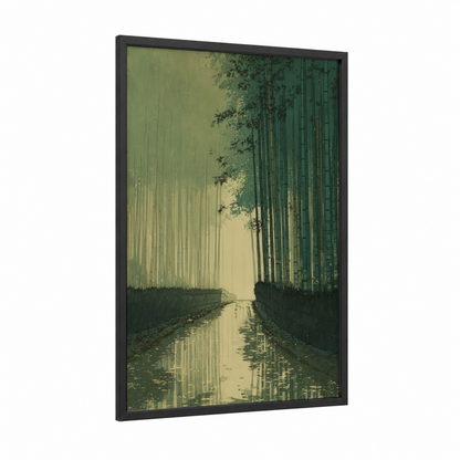 Misty Bamboo Path framed bamboo jungle print — black wood frame — sage green and cream palette