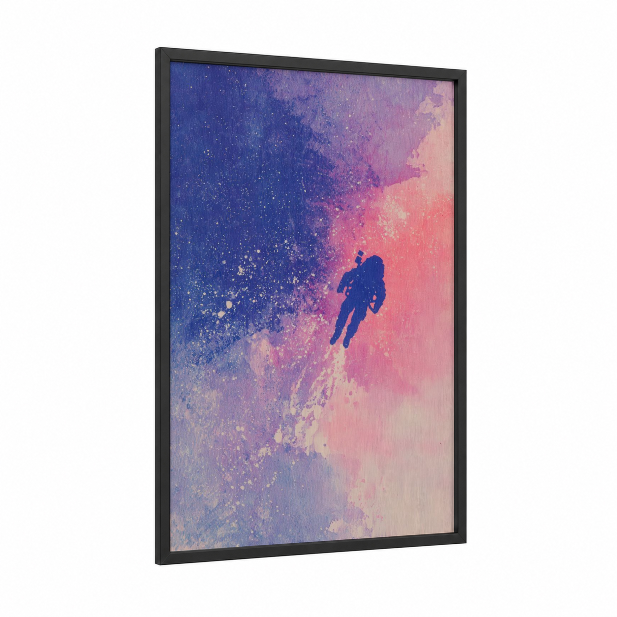 Cosmic Explorer framed astronaut print — black wood frame — purple and pink palette