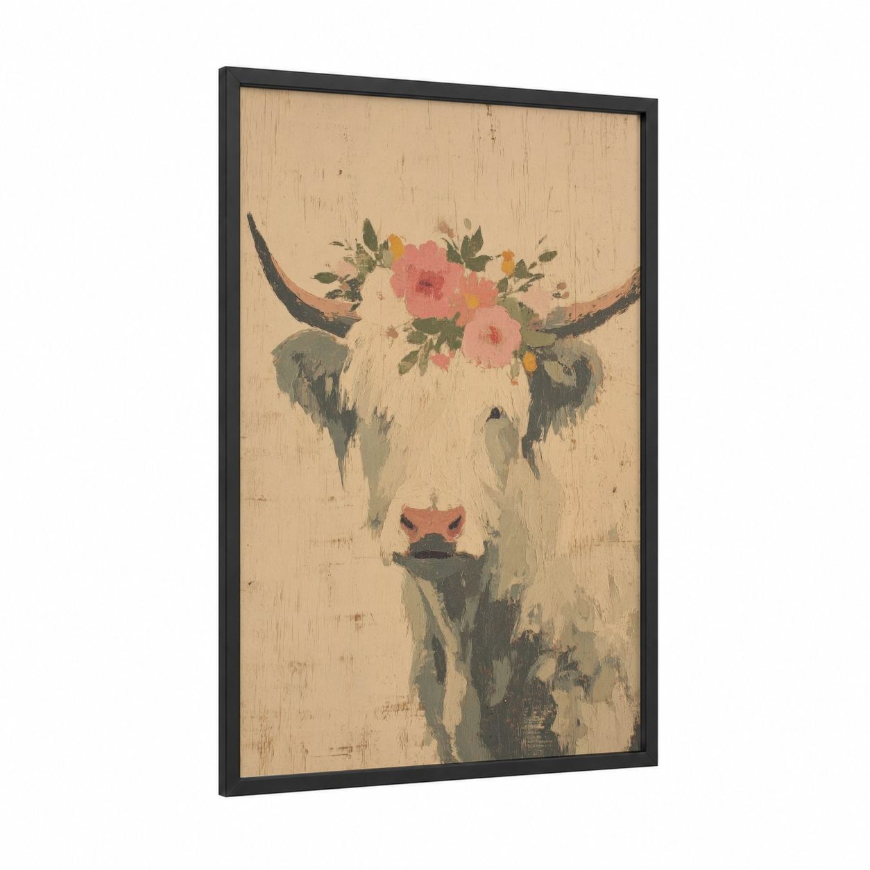 Floral Taurus framed art print — black wood frame — cream and rose gold palette