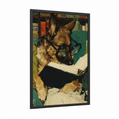 Studious Shepherd framed shepherd dogs and collies print — black wood frame — gold and dark green palette
