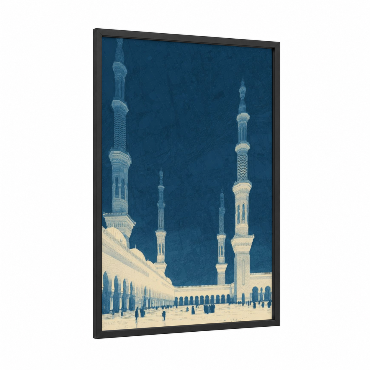 Masjid Al-Haram framed masjid al haram print — black wood frame — dark blue and gold and white palette