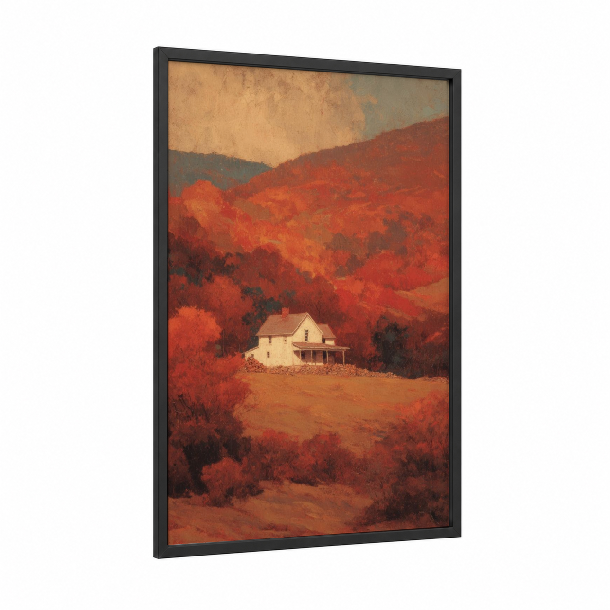 Crimson Hillside Cottage framed art print — black wood frame — red and gold palette