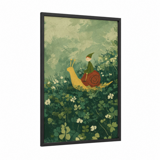 Garden Snail Elf framed art print — black wood frame — light green and cream palette