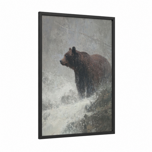 Snowy Grizzly framed grizzly bear print — black wood frame — gray and white and brown palette
