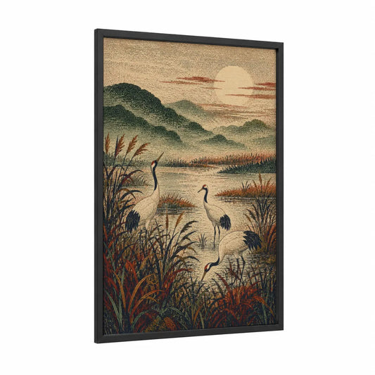 Japanese Cranes at Sunset Wall Art framed art print — black wood frame — beige and olive palette