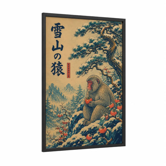 Japanese Snow Monkey Pine Tree Wall Art framed art print — black wood frame — beige and teal palette