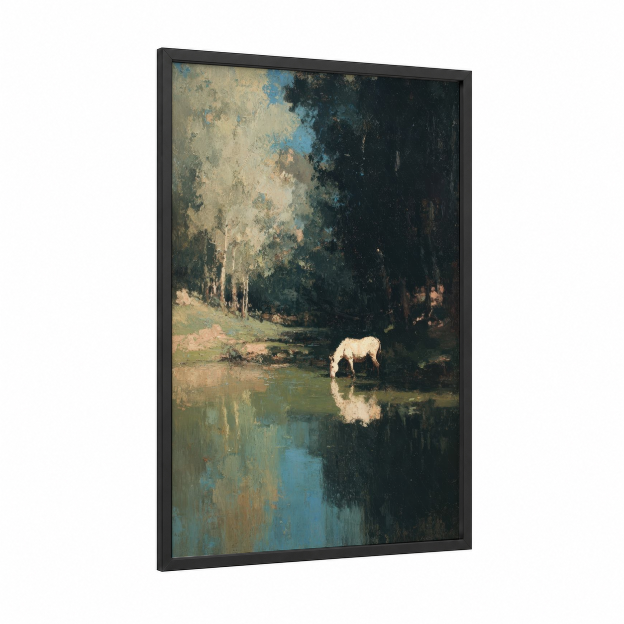 Riverside Mule framed art print — black wood frame — blue and green and cream palette
