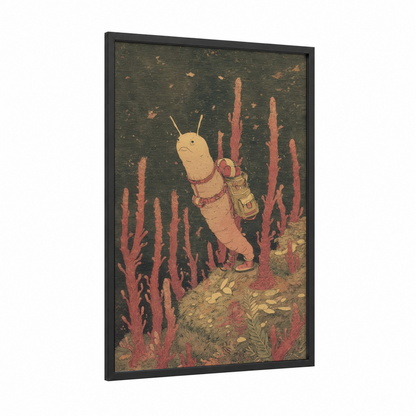 Desert Wanderer Nudibranch framed art print — black wood frame — sage green palette