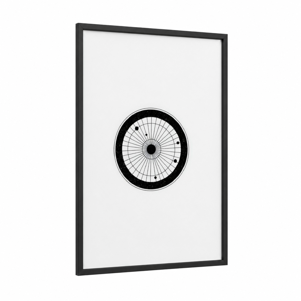 Geometric Roulette framed art print — black wood frame — black and white palette