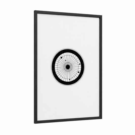 Geometric Roulette framed art print — black wood frame — black and white palette