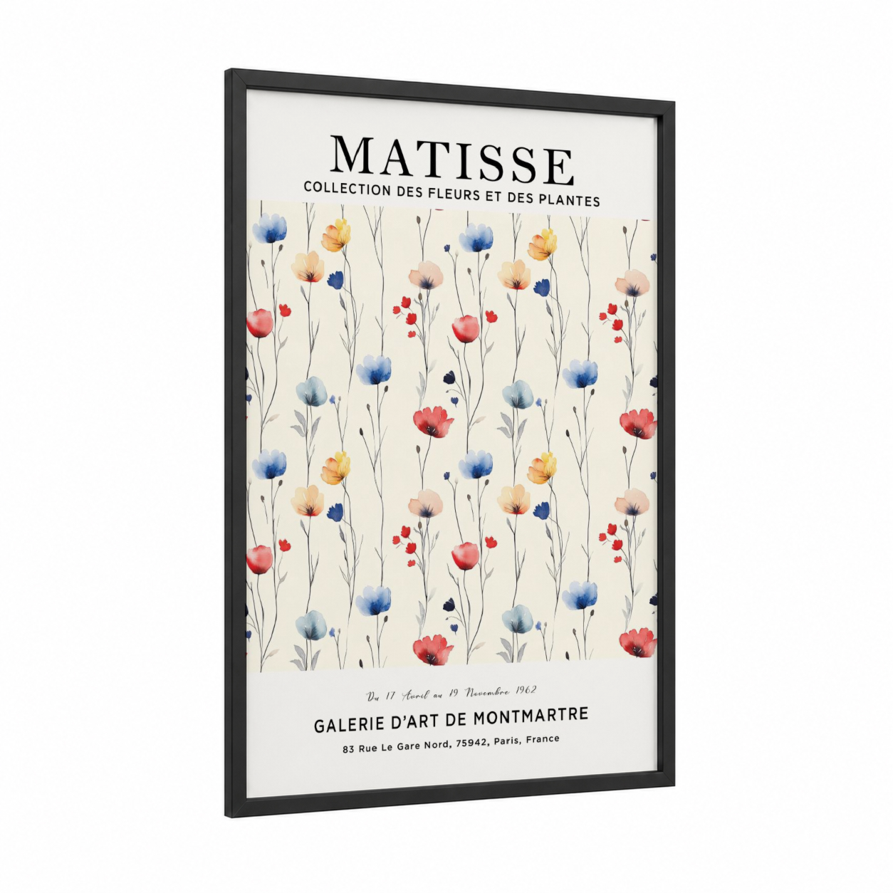 Matisse Floral framed abstract flower print — black wood frame — blue and cream palette