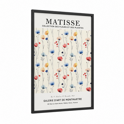 Matisse Floral framed abstract flower print — black wood frame — blue and cream palette